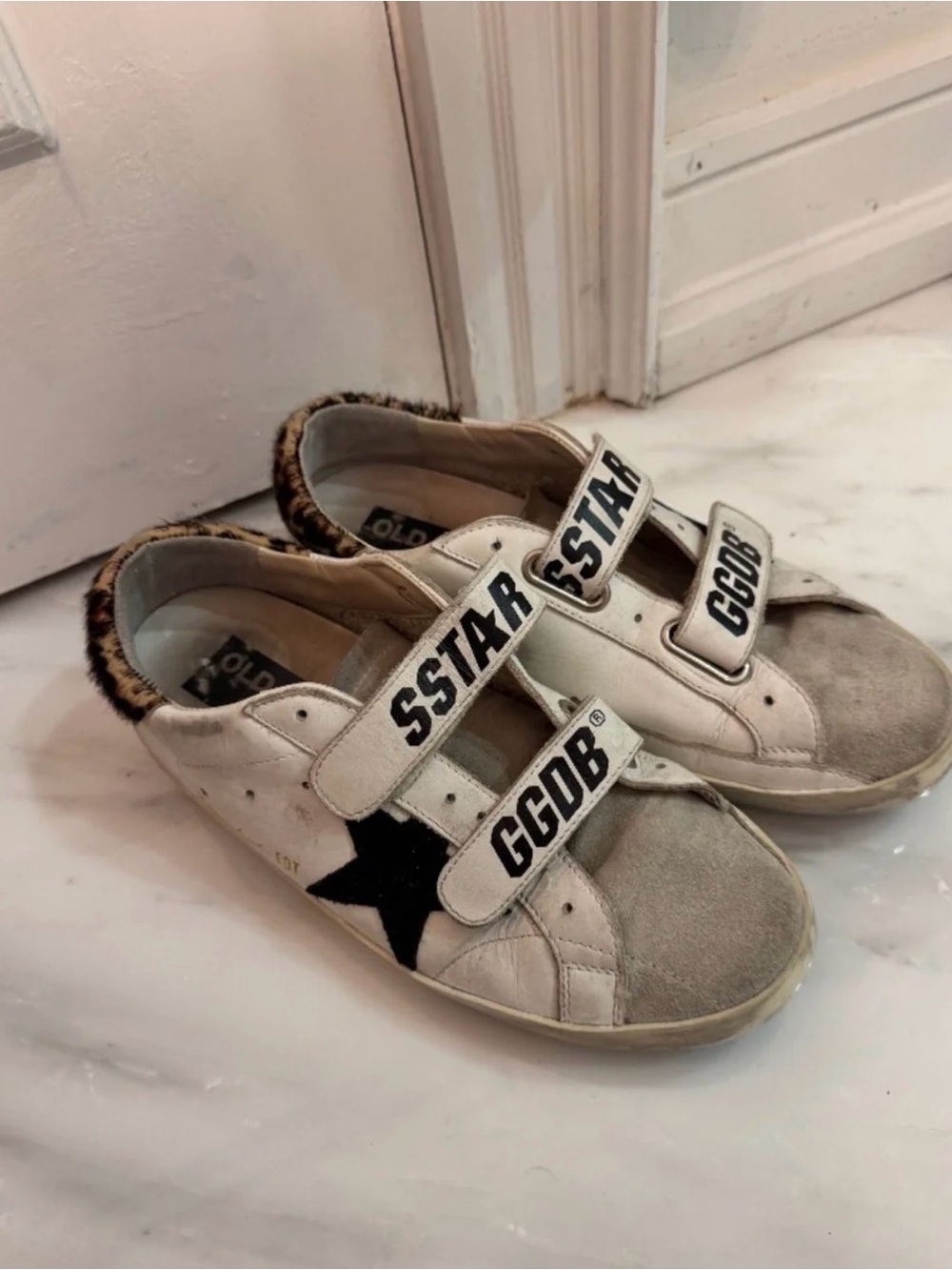 Golden Goose White & Gray Sneakers with Black Star and Leopard Trim